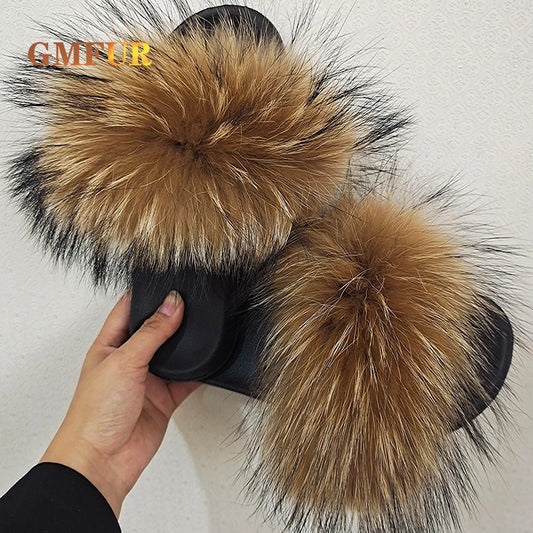 Women Summer Casual Raccoon Fur Slides House Home Fluffy Slippers Comfort Furry Flats Sweet Ladies Beach Shoes Outdoor Sandals