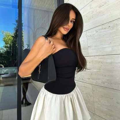 Summer Mini Dress Slim Fit Off Shoulder Chest Wrapping Fashion Black Patchwork Women Sexy Clothing Sleeveless New A-LINE Dresses