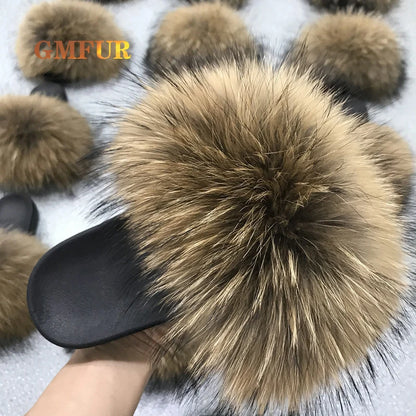 Women Summer Casual Raccoon Fur Slides House Home Fluffy Slippers Comfort Furry Flats Sweet Ladies Beach Shoes Outdoor Sandals