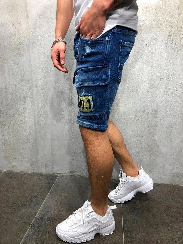 2023 Mens Ripped Short Jeans Streetwear Clothing Side Pocket Vintage Shorts Breathable Slim Denim Shorts Male Summe New