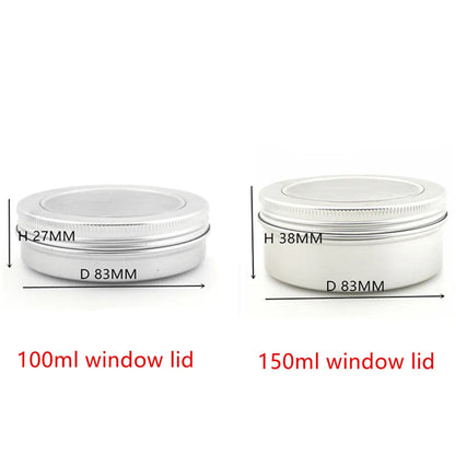 100ml/g 120g/ml 150g 200g /ml 250g/ml Aluminium Tins pot,case containers with screw thread window lid  for Lip Balm Gloss Candle