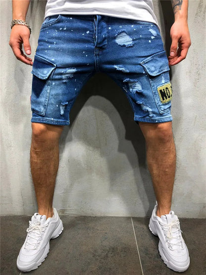 2023 Mens Ripped Short Jeans Streetwear Clothing Side Pocket Vintage Shorts Breathable Slim Denim Shorts Male Summe New
