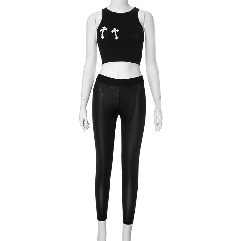 CUTENOVA Summer New Printing Jogger Pants Two Piece Sets Women Round Neck Sleeveless Crop Top And Skinny Pants Outfit Tracksuits