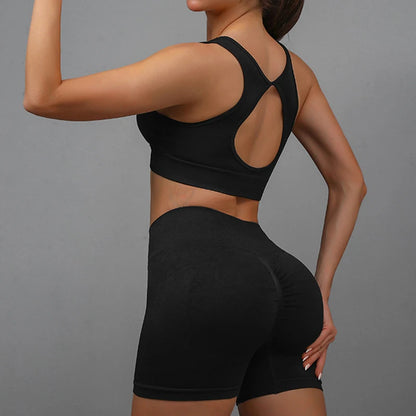 2 Pcs Yoga Set Women Hollow Beauty Back Sports Bra+Hip Lifting Sports Shorts Workout Set Seamless Fitness Gym Set Sportswear