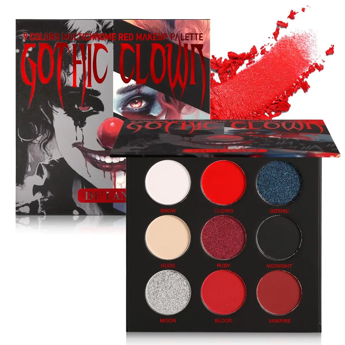 Black Red Eyeshadow Palette Goth Clown Halloween Makeup, White Silver Glitter Metallic Red Black Eyeshadow Palette Joker Zombie