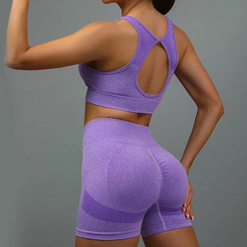 2 Pcs Yoga Set Women Hollow Beauty Back Sports Bra+Hip Lifting Sports Shorts Workout Set Seamless Fitness Gym Set Sportswear