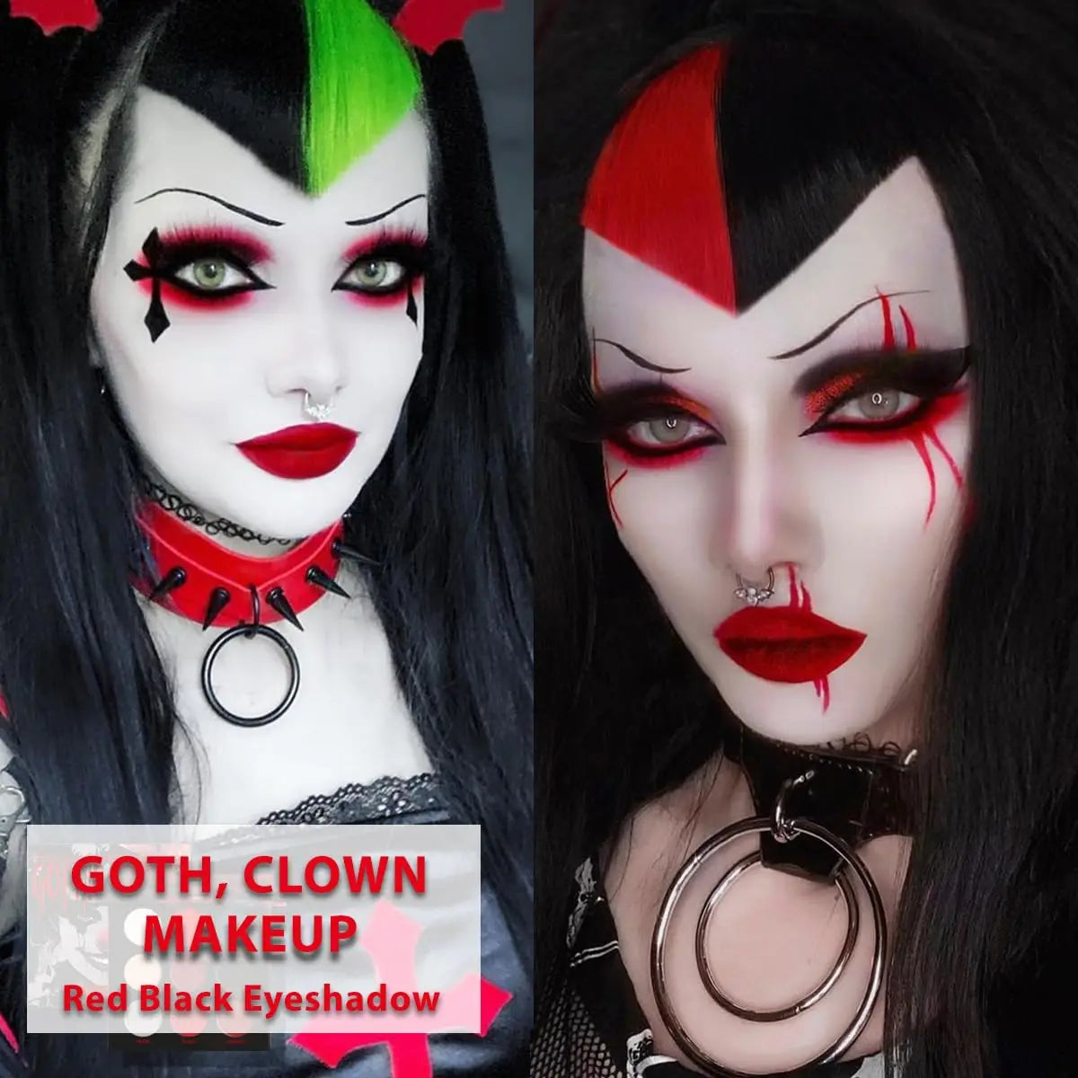 Black Red Eyeshadow Palette Goth Clown Halloween Makeup, White Silver Glitter Metallic Red Black Eyeshadow Palette Joker Zombie