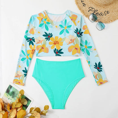 2pcs Bikini Set Women Floral Print Long Sleeve Crop Top With Briefs Summer Beach Swim Outfits Ladies Bathing Bikini Set Mujer