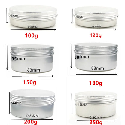 100ml/g 120g/ml 150g 200g /ml 250g/ml Aluminium Tins pot,case containers with screw thread window lid  for Lip Balm Gloss Candle