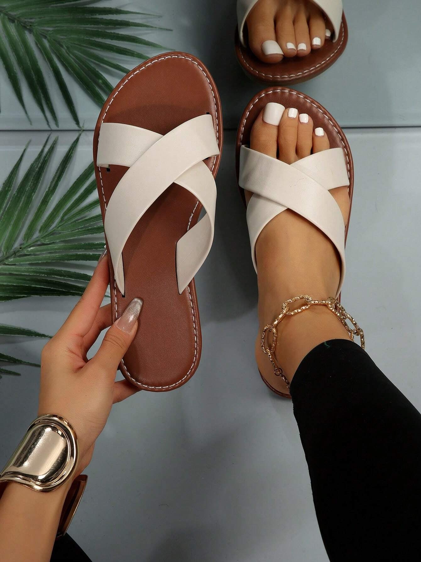Elegant White Slide Sandals for Women, Minimalist Cross Strap Sandals